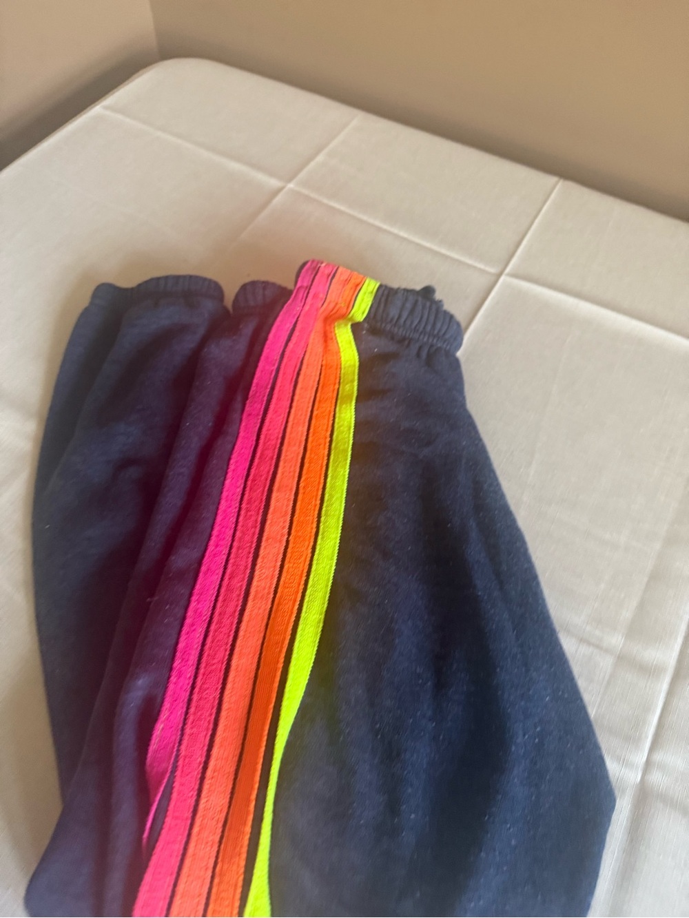 Aviator Nation Dark Navy Joggers with Neon Pink, Orange & Yellow Stripes - Picture 2 of 7